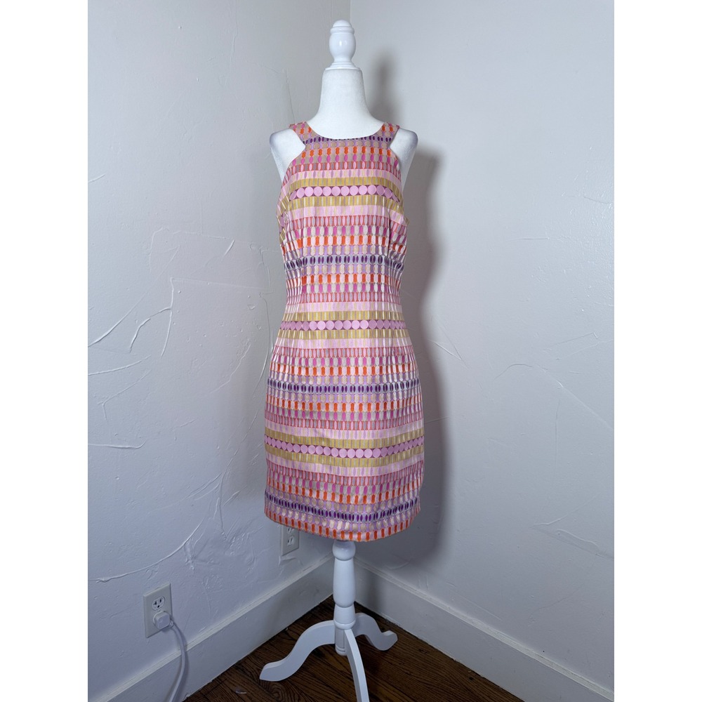 Trina Turk Made USA Geometric Jacquard Sheath Dress Pink Orange Size 8